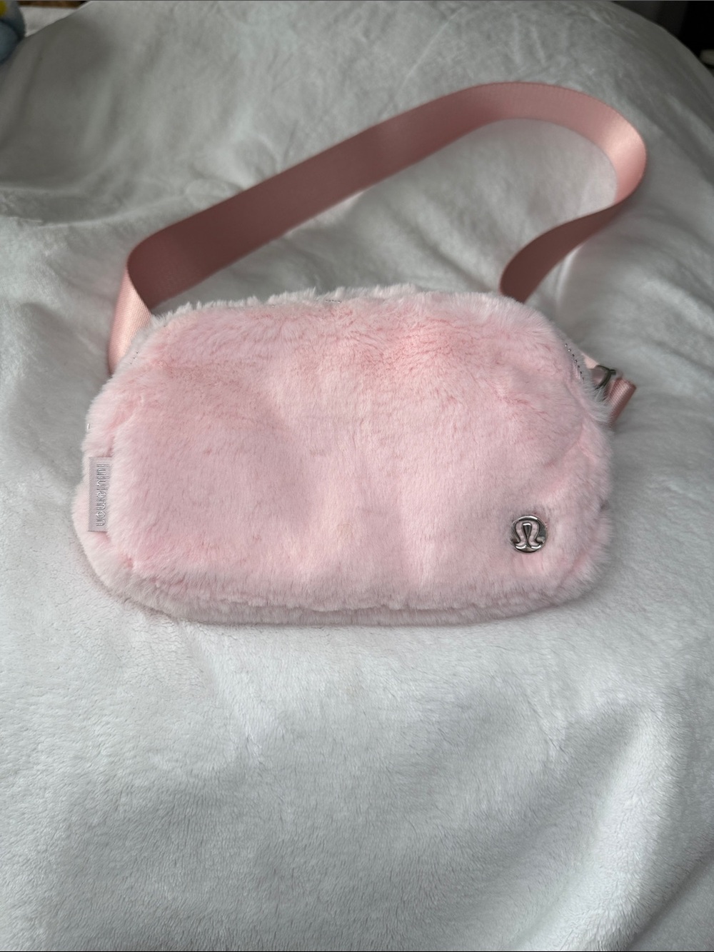lululemon athletica Soft Pink Plush Kids Crossbody Bag with Logo Accent